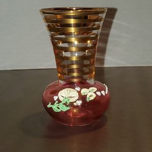 Vintage Glass Cranberry and Gold Mini Bud Vase with Applied Floral Pattern MCM